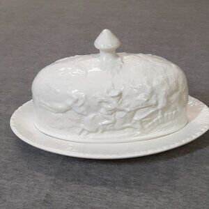 Vintage Butter Dish, Witches Pursuit of Tam Oshanty, Ceramic, White